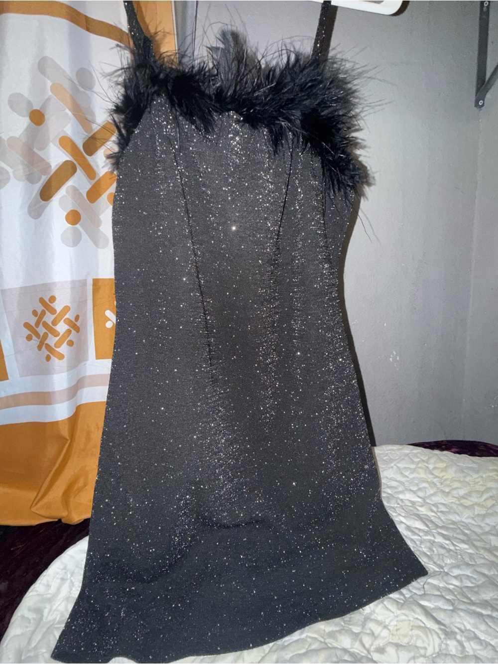 Black Glitter Feather-Trim Mini Dress
